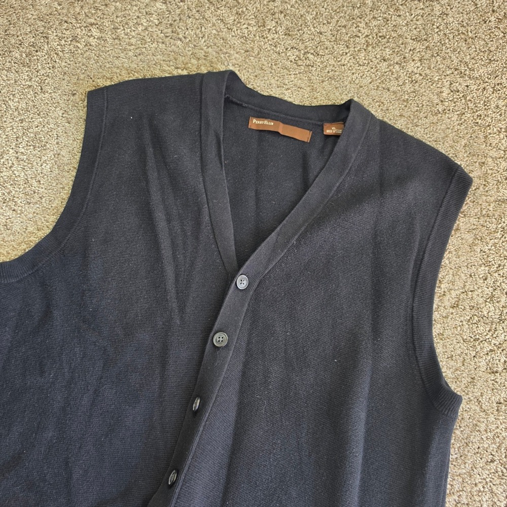 Perry Ellis Cardigan Vest Mens XL Black 100% Cotton Button Front V-Neck Preppy